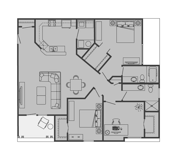 A floor plan of a house with a kitchen, living room, and bedrooms.