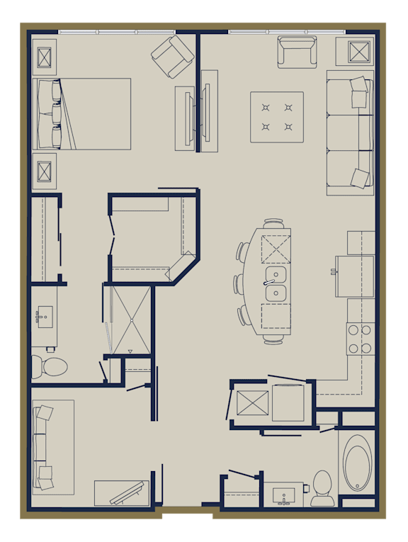 A floor plan of a house with a kitchen, living room, and bathroom.