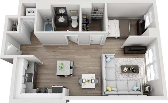 Floor Plan  A top-down view of a modern living room with a grey sofa, a coffee table, and a kitchen area.