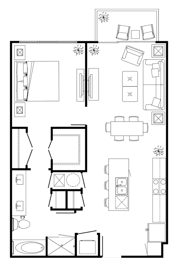 A floor plan of a house with a kitchen, living room, dining room, and bathroom.