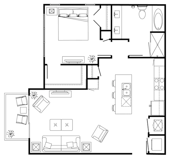 A floor plan of a house with a kitchen, living room, and bathroom.
