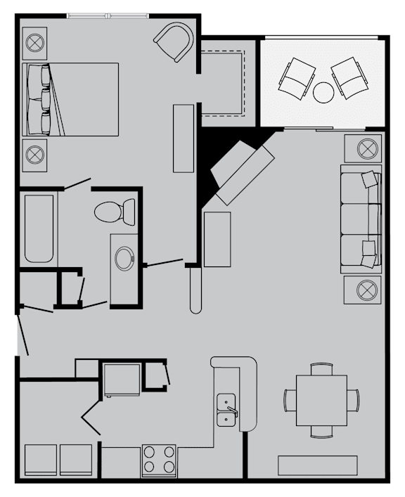 A floor plan of a house with a kitchen, living room, and two bedrooms.