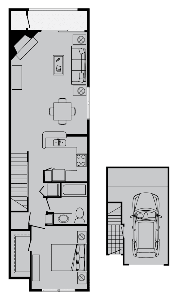 A floor plan of a house with a garage and a car.
