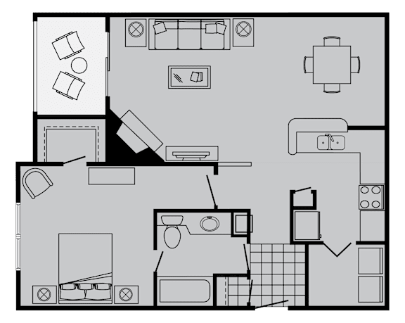 A black and white floor plan of a house with a kitchen, living room, and bathroom.