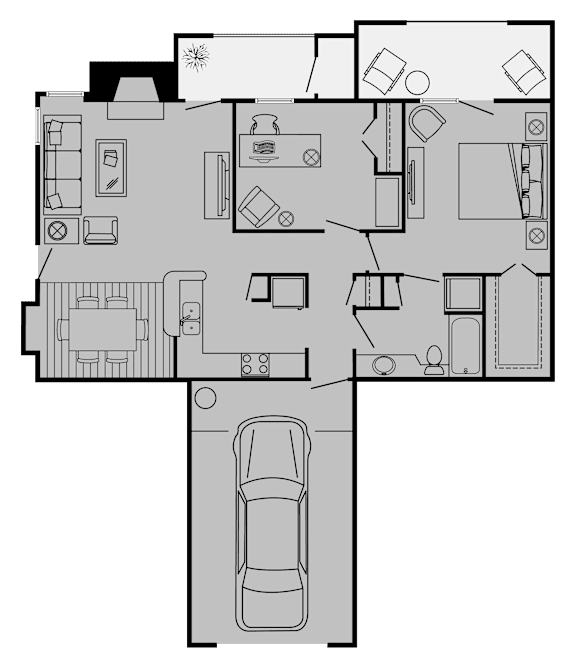 A floor plan of a house with a garage and a car.