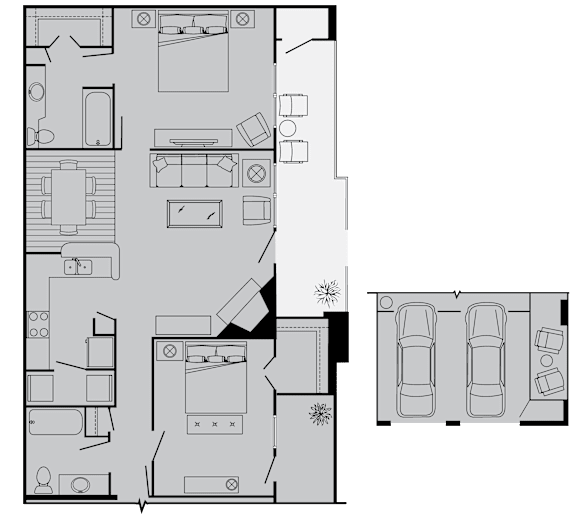A floor plan of a house with a garage and a car.
