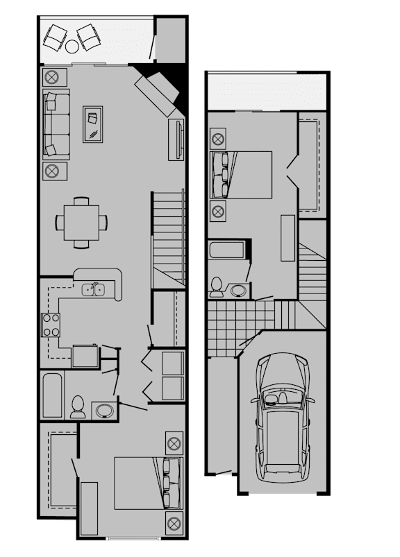 A floor plan of a house with a garage and a car.