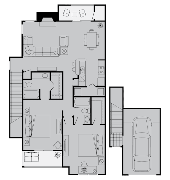 A floor plan of a house with a garage and a car.