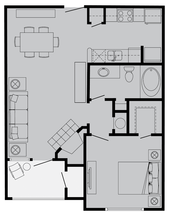 A floor plan of a house with a kitchen, living room, and bathrooms.