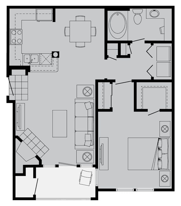 A floor plan of a house with a kitchen, living room, and bathroom.
