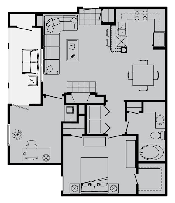A floor plan of a house with a kitchen, living room, and bathroom.
