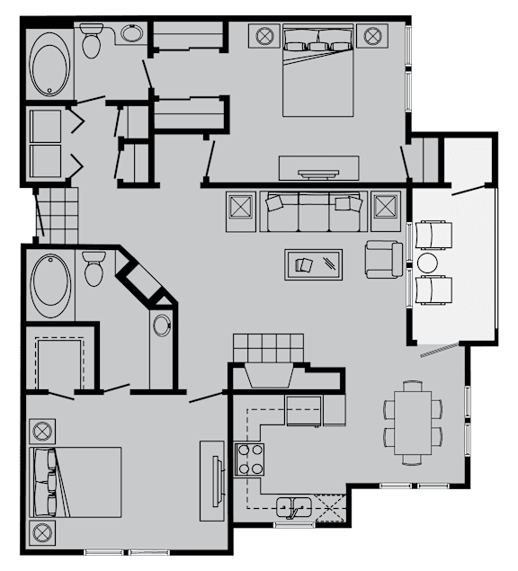 A floor plan of a house with a kitchen, living room, and bathrooms.