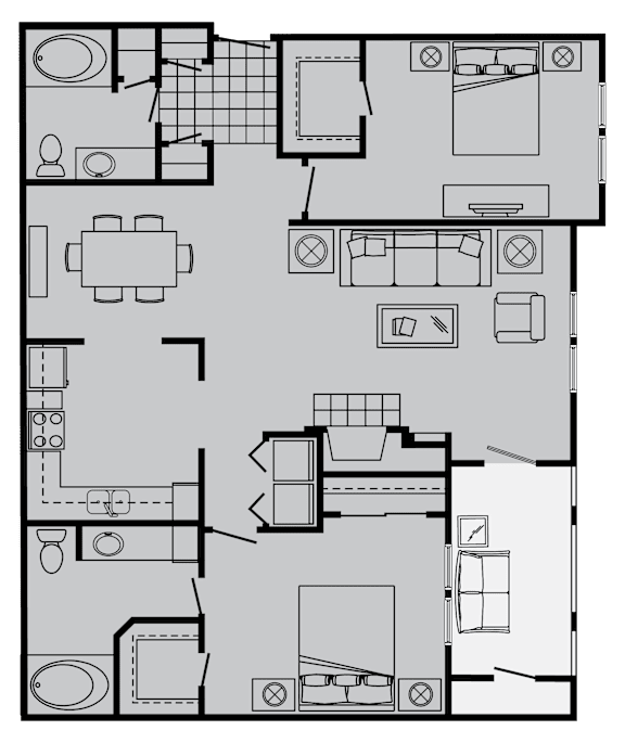 A floor plan of a house with a kitchen, living room, and bathrooms.