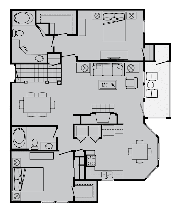 A floor plan of a house with a kitchen, living room, and two bedrooms.