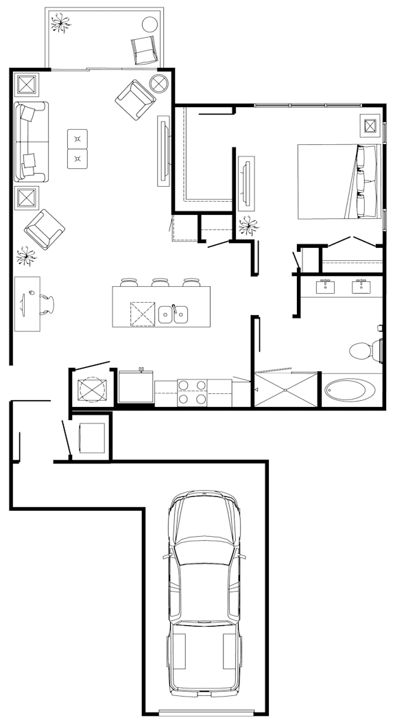 A floor plan of a house with a garage and a car.