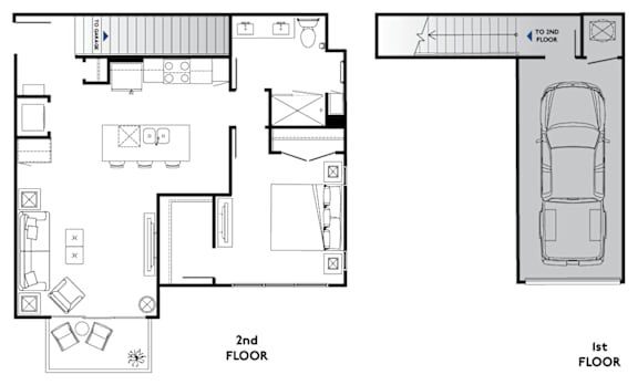 A floor plan of a two-story house with a garage.
