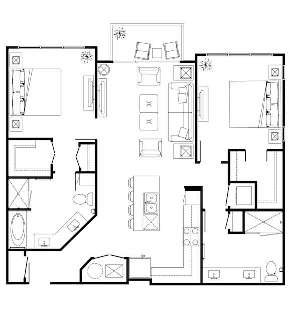 A black and white floor plan of a house with various rooms and furniture.
