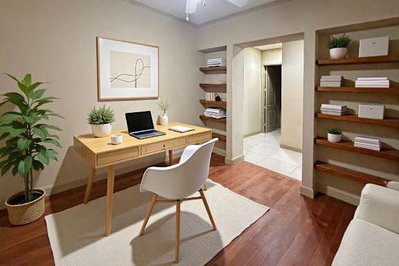 Spacious den office with built-in shelves, and hardwood floors at Villa Piana Apartments