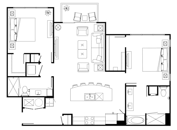 A black and white floor plan of a house with various rooms and furniture.