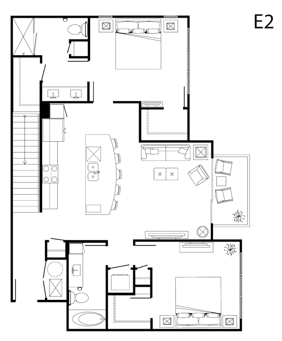 A black and white image of a floor plan labeled E2.