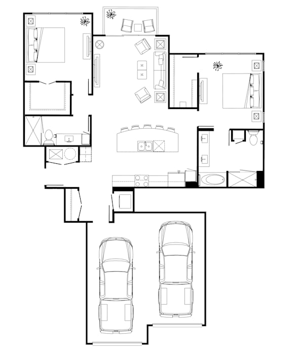 A black and white floor plan of a house with two cars.