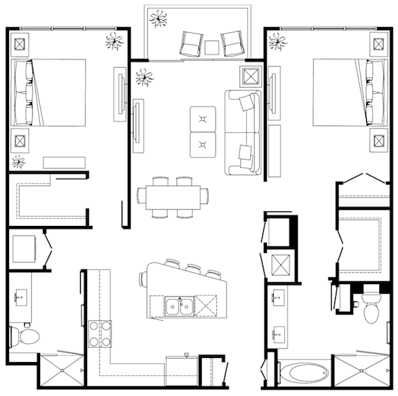 A black and white floor plan of a house with various rooms and furniture.