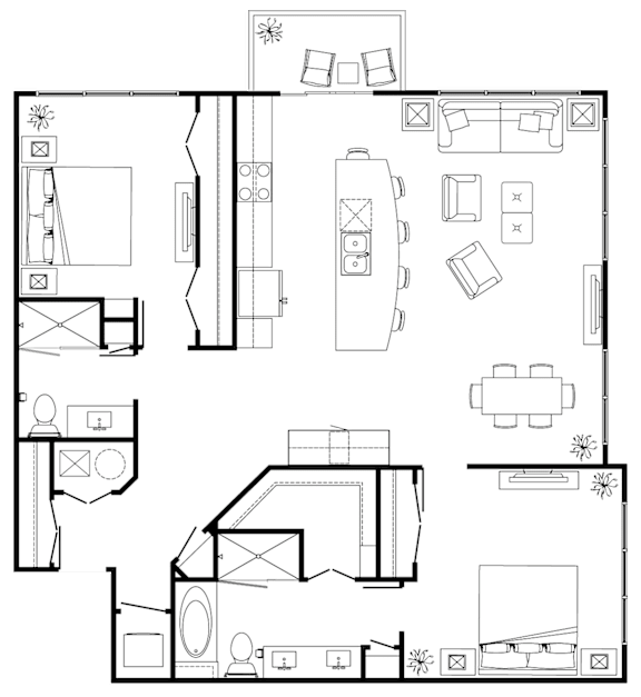 A floor plan of a house with a kitchen, living room, and bathroom.