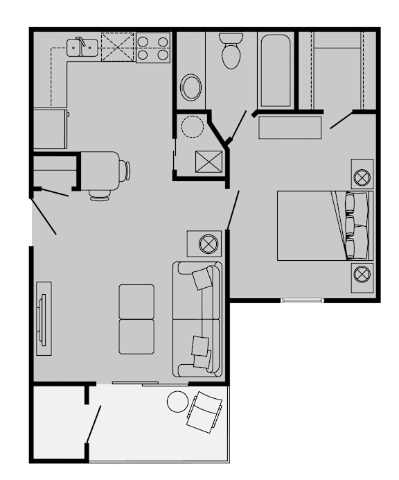 A floor plan of a house with a kitchen, living room, and bathroom.