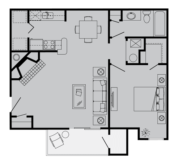 A black and white floor plan of a house with a kitchen, living room, and bathroom.