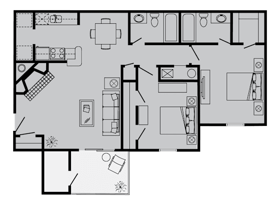 A black and white floor plan of a house with a kitchen, living room, and bathroom.