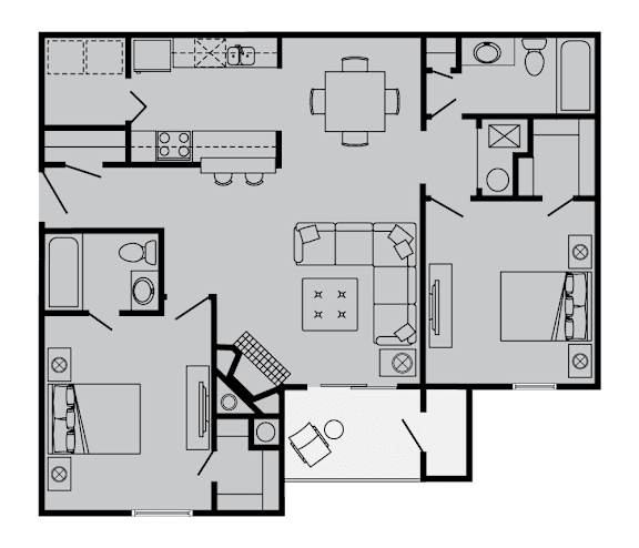 A black and white floor plan of a house with a kitchen, living room, and bathrooms.