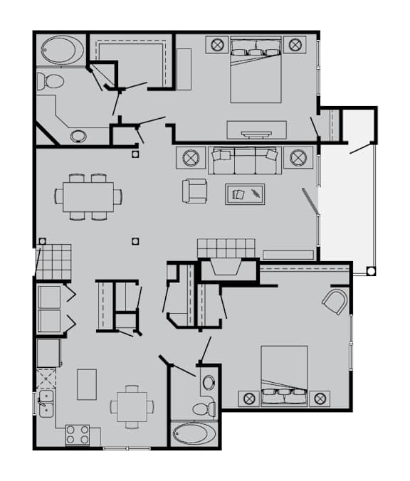 A floor plan of a house with a kitchen, living room, and two bedrooms.