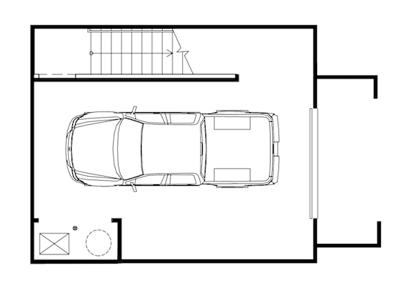 A drawing of a car with a floor plan of a house.