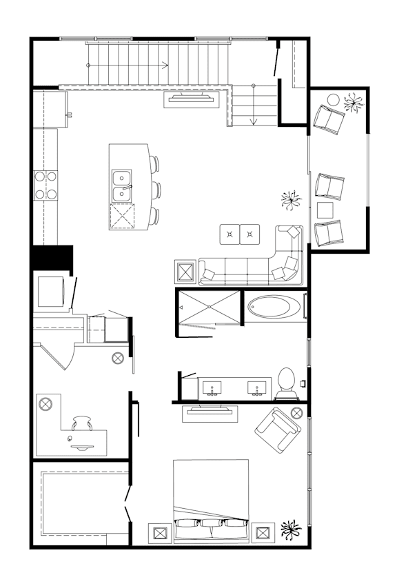 A black and white floor plan of a house with various rooms and furniture.