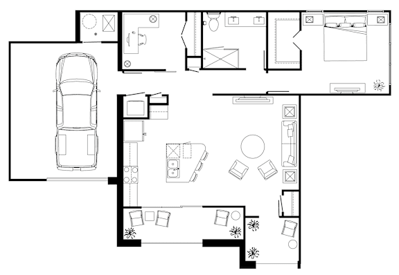 A black and white floor plan of a house with a car parked in the garage.