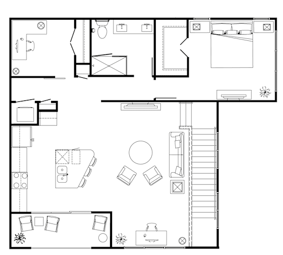 A black and white floor plan of a house with a kitchen, living room, dining room, and bedrooms.