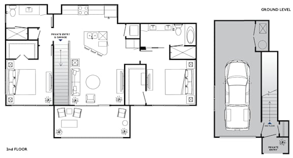 A floor plan of a two-story house with a garage.