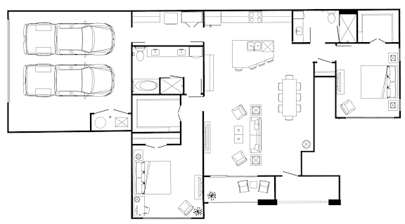 A floor plan of a house with two parking spaces.
