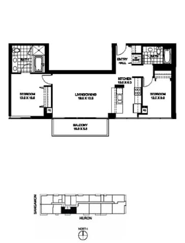 a floor plan of a house with two bedrooms and two baths
