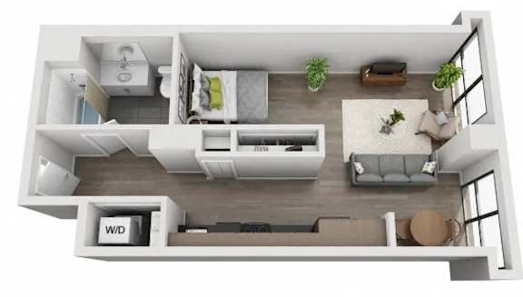 A top-down view of a modern apartment layout.