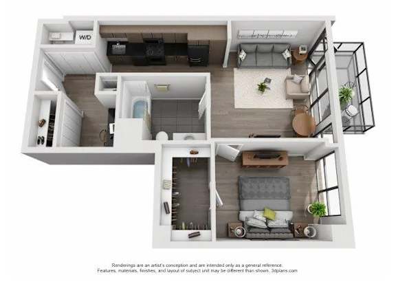 A floor plan of a modern apartment with a living room, kitchen, and bathroom.