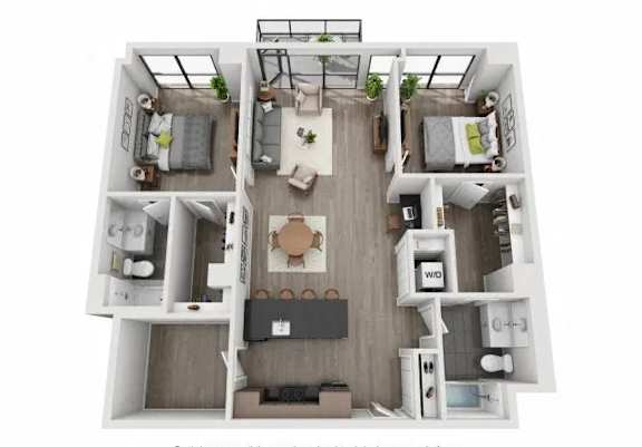 A top-down view of a modern apartment layout with a living room, kitchen, and two bedrooms.