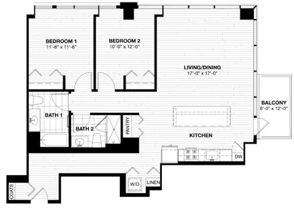 A black and white image of a house floor plan with two bedrooms, a living/dining area, kitchen, two bathrooms, a pantry, and a balcony.