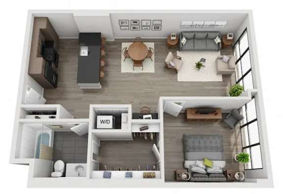 A top-down view of a modern apartment layout with a kitchen, living room, and bedroom.