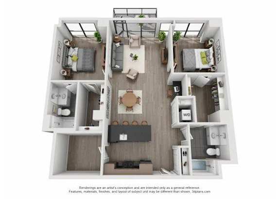 A 3D floor plan of a house with a kitchen, living room, and two bedrooms.