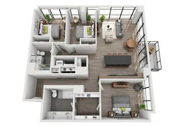 A top-down view of a modern apartment layout with a living room, kitchen, and two bedrooms.