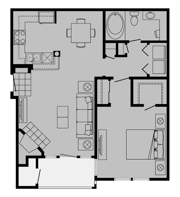 A floor plan of a house with a kitchen, living room, and bathroom.