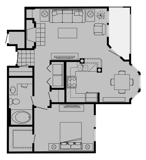 A floor plan of a house with a kitchen, living room, and bathrooms.