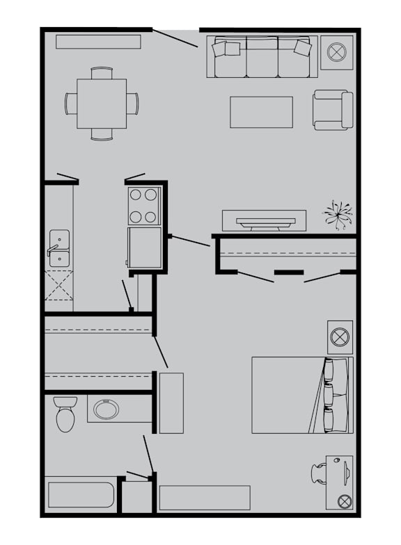 A floor plan of a kitchen with a table, chairs, and appliances.
