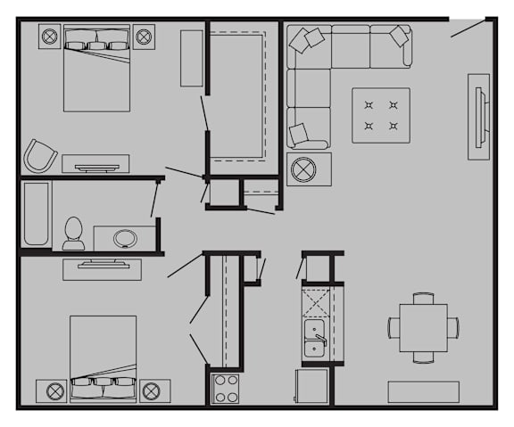A floor plan of a house with a kitchen, living room, and bathroom.